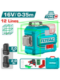 NIVEL LASER 0-35M  LUZ VERDE  3D 12 LINEAS 16V INCLUYE 2 BATERIAS 2.0AH RECARGABLE TIPO USB-C  INDUSTRIAL TOTAL (TLL301205)