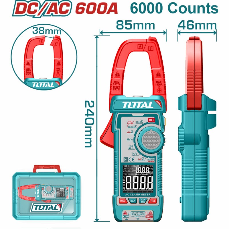 PINZA VOLTIAMPERIMETRICA DIGITAL 600A 6000 CONTEOS RMS INDUSTRIAL TOTAL