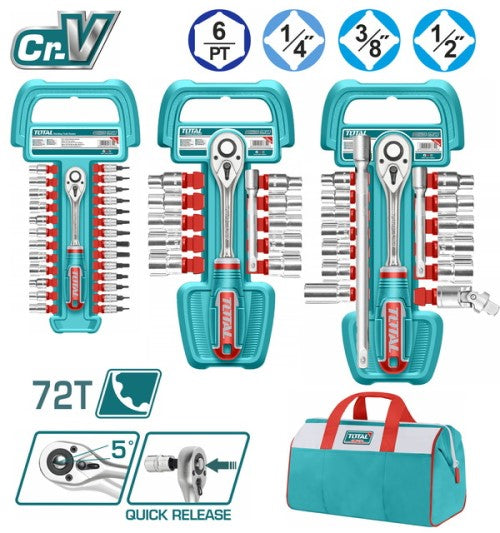 JUEGO DE COPAS CON RATCHET (57PZS) CTE 1/4"-3/8" Y 1/2" + BOLSO 16" (TOTAL)
