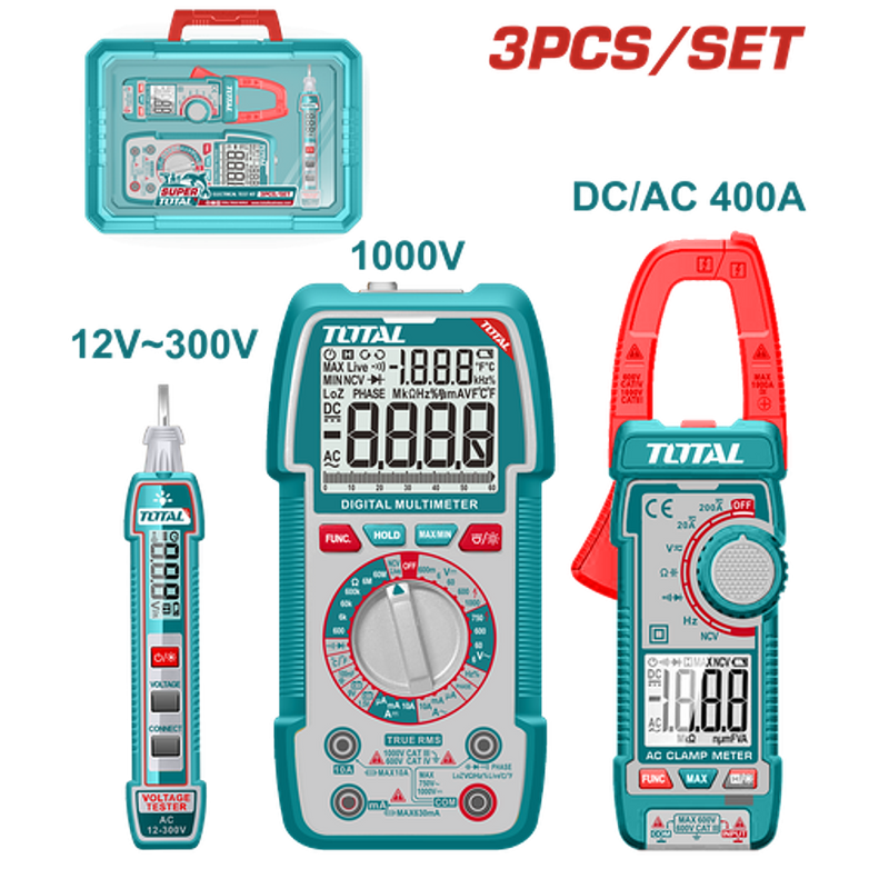 KIT MEDIDOR DE CORRIENTE DIGITAL INCLUYE PROBADOR - TESTER - PINZA SUPER TOTAL