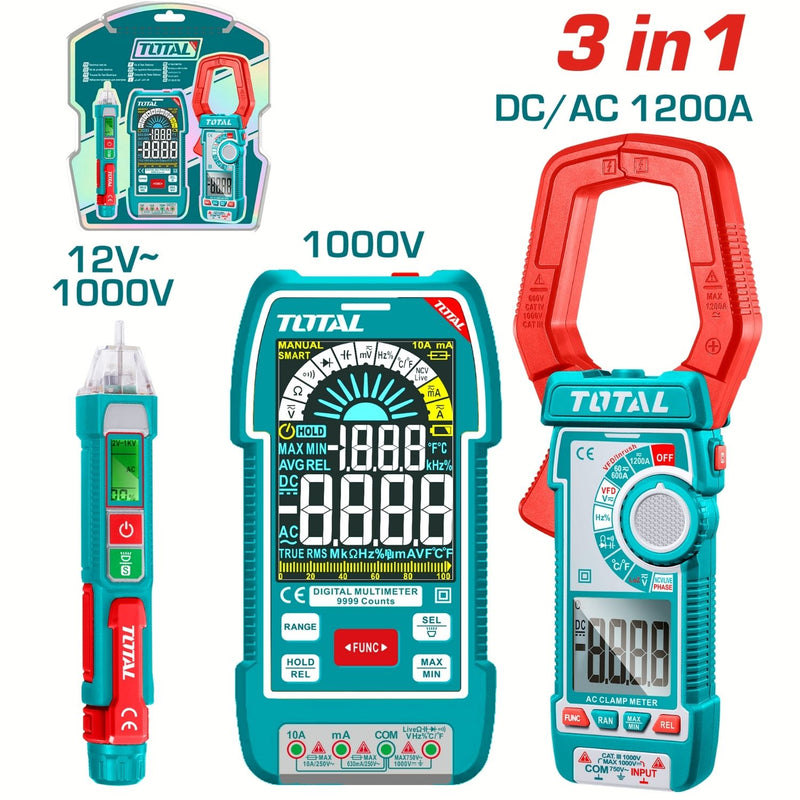 KIT MEDIDOR DE CORRIENTE DIGITAL INCLUYE PROBADOR - TESTER - PINZA SUPER  TOTAL (TOS24069)