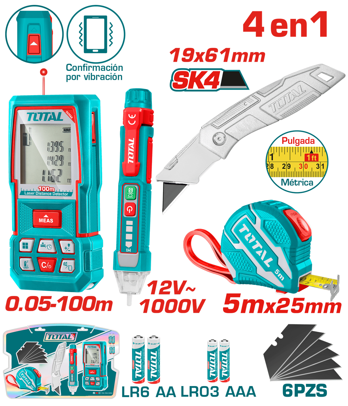KIT PROBADOR DE CORRIENTE 12V- 1000V + MEDIDOR DE DISTANCIAS LASER 100MTS + METRO 5 MTS + BISTURI NAVAJA 19X 61MM INDUSTRIAL INCLUYE 6 HOJAS DE REPUESTO INDUSTRIAL SUPER TOTAL (TOS250701)