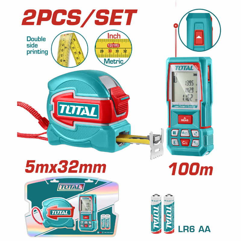 KIT MEDIDOR DE DISTANCIAS LASER 100MTS MEDIDOR DE DISTANCIAS LASER 100MTS + METRO 5 MTS HOJA 32MM INDUSTRIAL SUPER TOTAL (TOS250902)