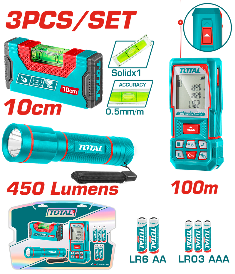 MEDIDOR DE DISTANCIAS LASER 100MTS + NIVEL 10CM IMANTADO + LINTERNA 450 LUMENES SUPER TOTAL INDUSTRIAL (TOS251003)