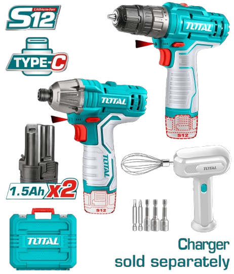 COMBO 12V ATORNILLADOR IMPACTO + TALADRO 3/8" + 2 BATERIAS 1.5AH + BATIDORA (NO INCLUYE CARGADOR)