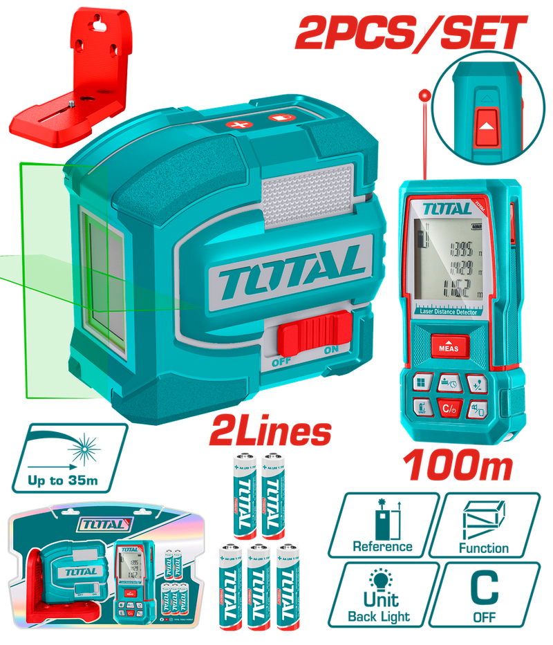 KIT NIVEL LASER 0-35M  LUZ VERDE  2  LINEAS + MEDIDOR DE DISTANCIA 100M INDUSTRIAL SUPER TOTAL (TOSLL0502)