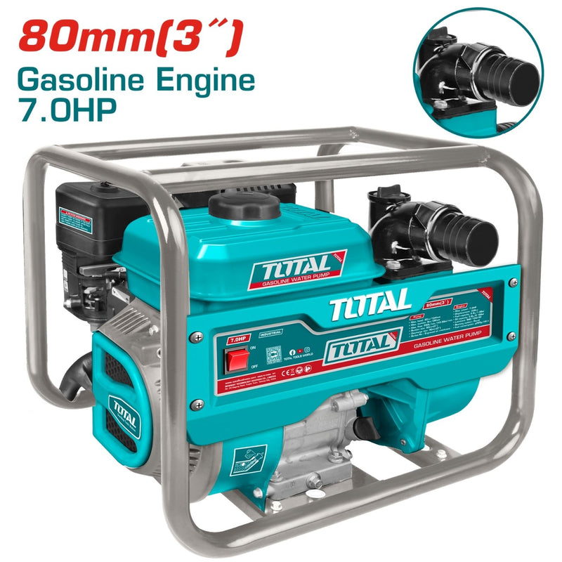 MOTOBOMBA A GASOLINA 7.0HP, SALIDA 80MM(3") FLUJO MAX 1000L/MIN, MAXIMO ELEVACION 32M , MAXIMO DE SUCCION 8M, DESPLAZAMIENTO 208CC CAPACIDAD TANQUE 3.6L INDUSTRIAL SUPER TOTAL (TP3306)