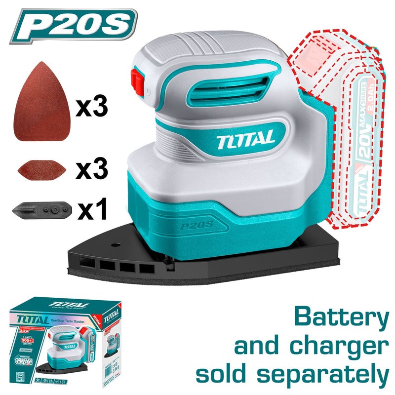 LIJADORA DE PALMA ORBITAL ROTATIVA 20V 12000RPM + 9 LIJAS INDUSTRIAL SUPER TOTAL (TPSLI2014)