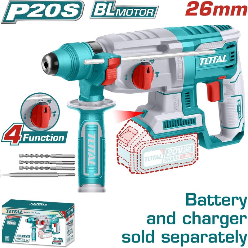 TALADRO ROTOMARTILLO 20V SDS PLUS 2.5J 3 BROCAS 1 CINCEL SIN BATERIA NI CARGADOR (TOTAL)