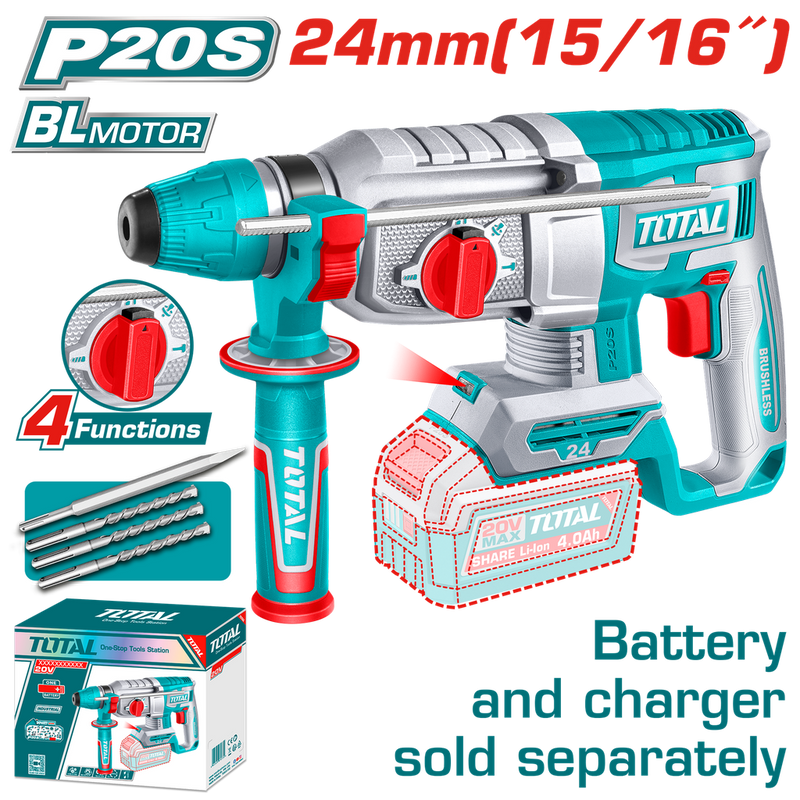 TALADRO ROTOMARTILLO 15/16" 20V 2.4 JULES SDS PLUS INCLUYE ACCESORIOS BATERIA Y CARGADOR SE VENDEN POR SEPARADO (TRHLI20248)