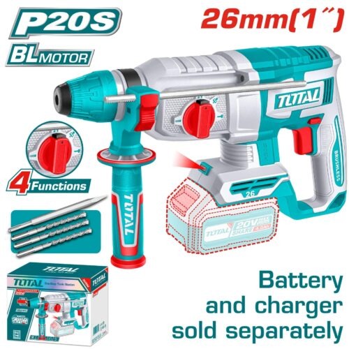 TALADRO ROTOMARTILLO 1" 20V SDS PLUS 2,5 JULES INCLUYE 3 BROCAS Y 1 CINCEL CARGADOR Y BATERIA NO INCLUIDO INDUSTRIAL TOTAL