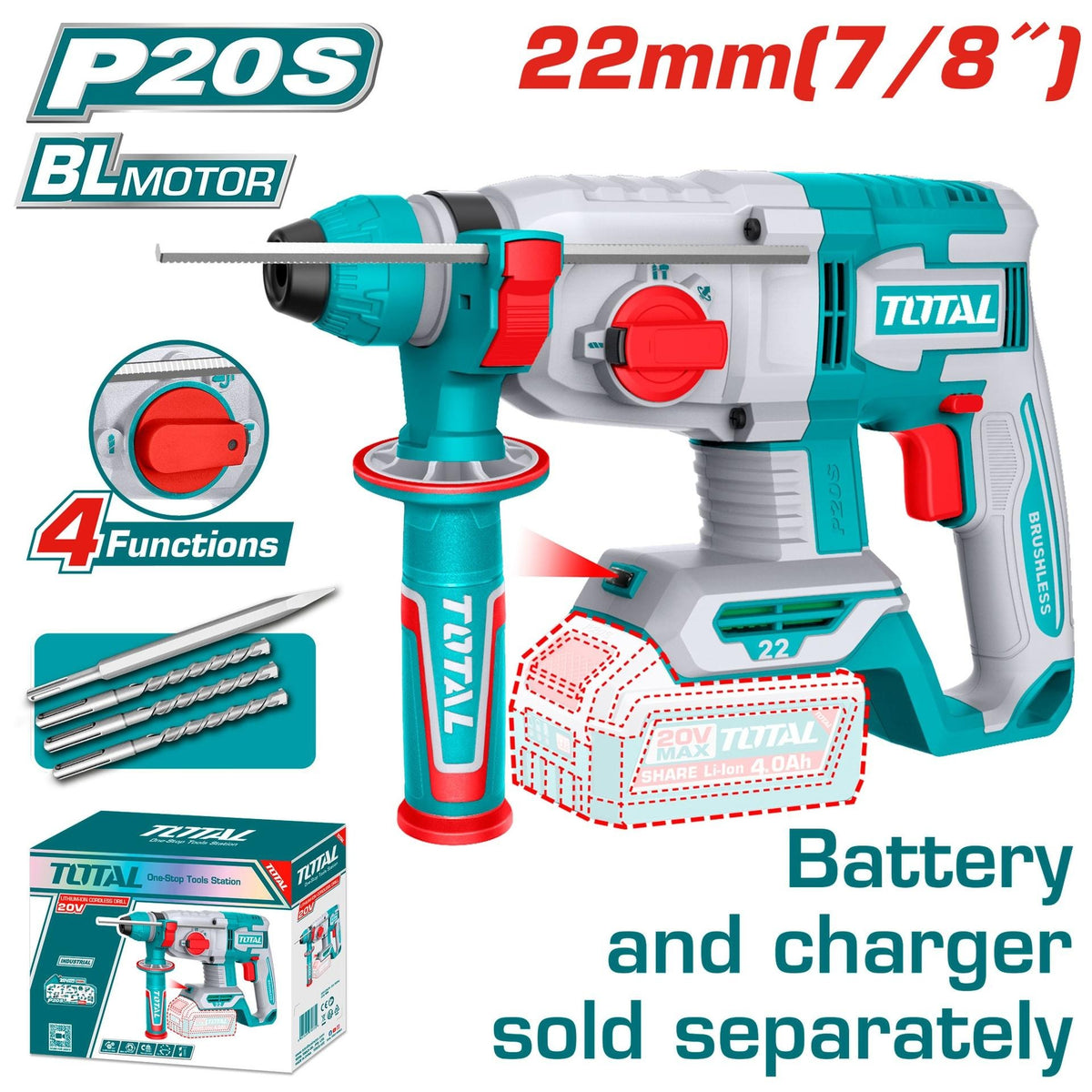 TALADRO ROTOMARTILLO SDS PLUS 7/8" 20V 4.5 JULES INCLUYE ACCESORIOS BATERIA Y CARGADOR NO INCLUIDO INDUSTRIAL SUPER TOTAL