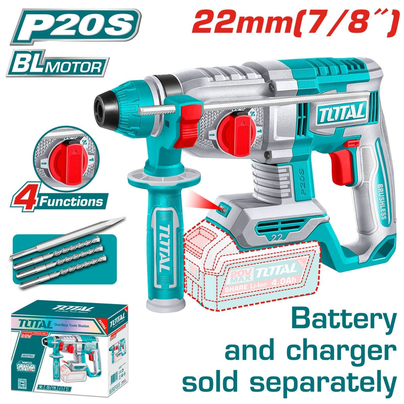 TALADRO ROTOMARTILLO 7/8"  20V SDS PLUS 2.0 JULES  BATERIA Y CARGADOR NO INCLUIDO INDUSTRIAL TOTAL (TRHLI22208)