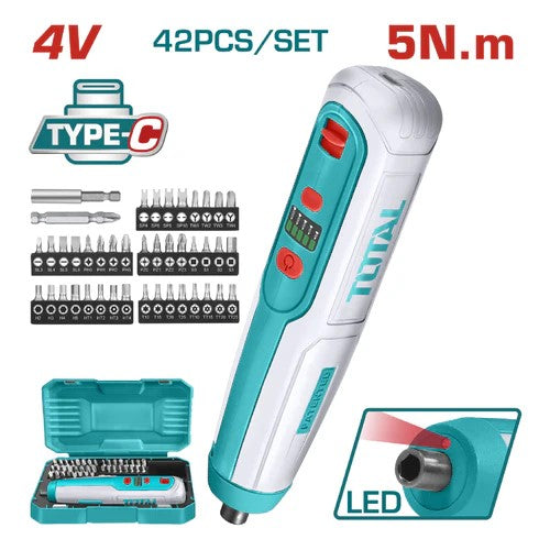 ATORNILLADOR INALAMBRICO 4V CAJA PLASTICA 42PZS SUPER TOTAL (TSDLI0406)
