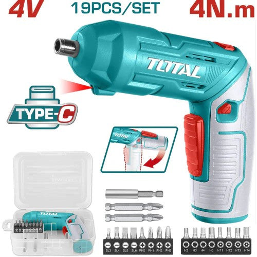 ATORNILLADOR 4V ESTUCHE PLASTICO + 16 PUNTAS TALADRO DE 25MM, 2 DE 50MM SUPER TOTAL (TSDLI0442)