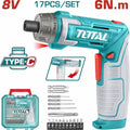 ATORNILLADOR INALAMBRICO 8V, 6N.M ESTUCHE PLASTICO + 17 PIEZAS TOTAL