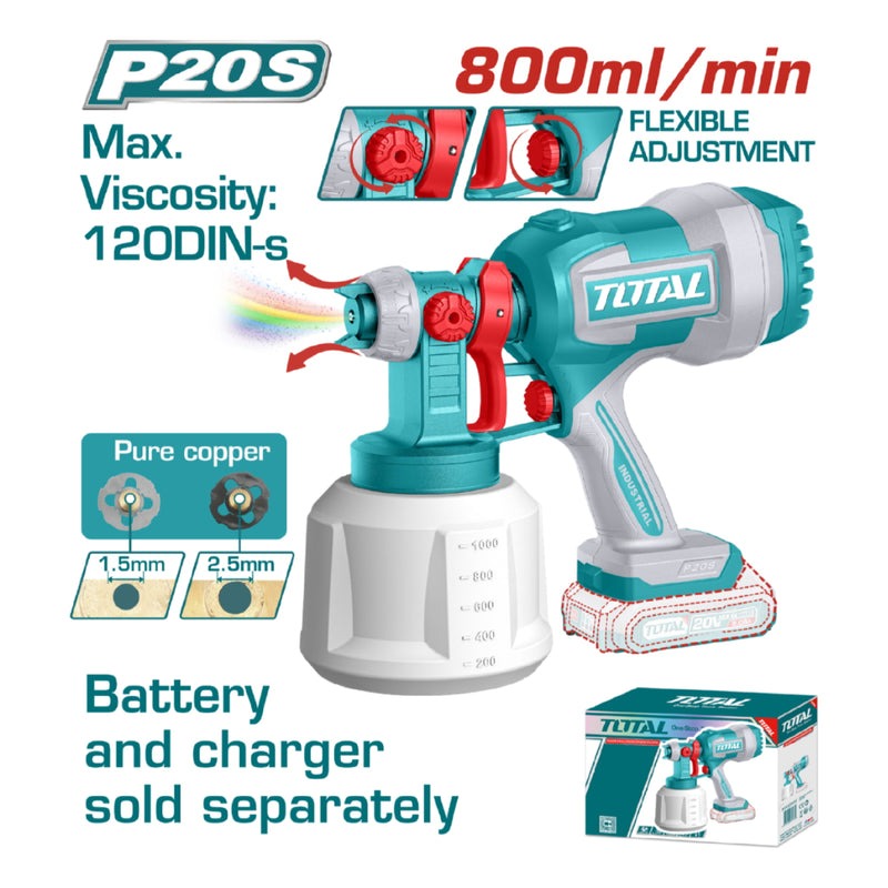 PISTOLA DE PINTAR INALAMBRICA 800ML 20V INCLUYE AGUJA DE LIMPIEZA Y DOS BOQUILLAS, BATERIA Y CARGADOR NO INCLUIDO TOTAL (TSGLI2004)