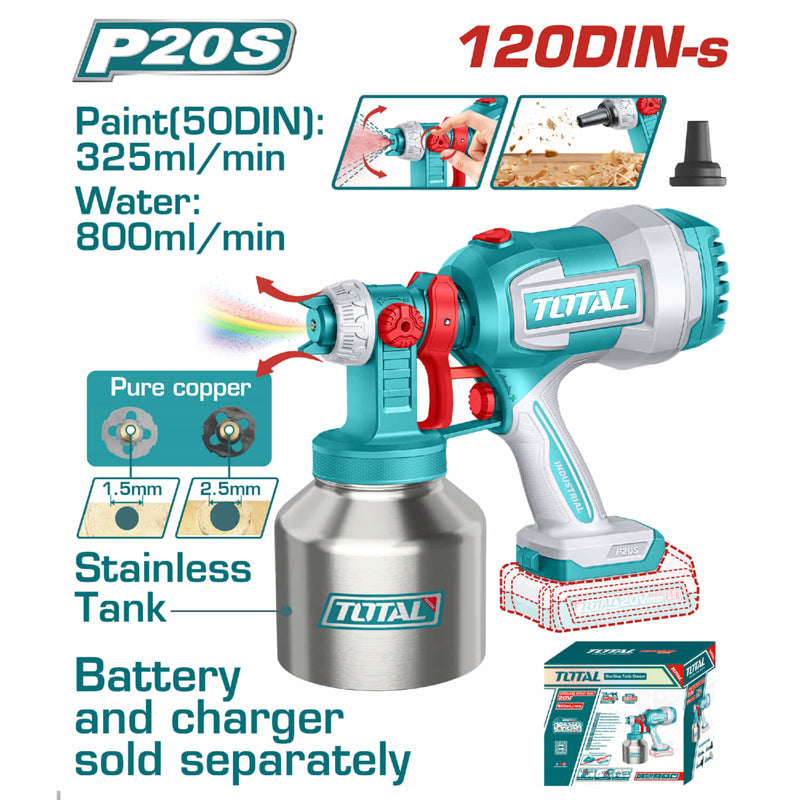 PISTOLA PINTAR INALAMBRICA 800ML 20V VASO METALICO INCLUYE AGUJA DE LIMPIEZA Y DOS BOQUILLAS, BATERIA Y CARGADOR NO INCLUIDO SUPER TOTAL (TSGLI20041)