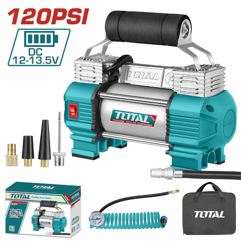 COMPRESOR MINI  20V 120 PSI 8.27BAR INCLUYE 4 ADAPATADORES  PARA CARRO  BATERIA Y CARGADOR SE VENDEN POR SEPARADO INDUSTRIAL SUPER TOTAL (TTAC2506)