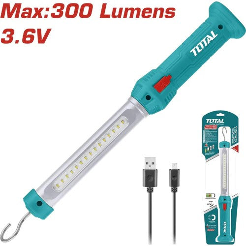 LAMPARA DE TRABAJO 300 LUMENES RECARGABLE CON GANCHO SUPER SELECT TOTAL (TWLI35261)