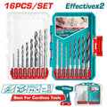 JUEGO DE BROCAS X 16 PZS PARA MURO, MADERA Y LAMINA CON VASTAGO EXAGONAL INDUSTRIAL TOTAL