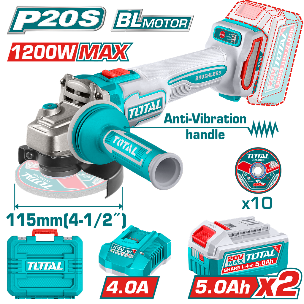 PULIDORA INALAMBRICA 4 1/2 INDUSTRIAL 20V 1200W INCLUYE 10 DISCOS PARA CORTE DE METAL 2  BATERIAS 5.0 AH Y CARGADOR , MOTOR SIN ESCOBILLAS  INDUSTRIAL SUPER TOTAL (UTAGLI2120252)