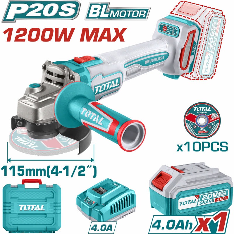 PULIDORA INALAMBRICA 4 1/2" 20V 1200W BRUSHLESS 4.0AH CARGADOR 10 DISCOS INDUSTRIAL
