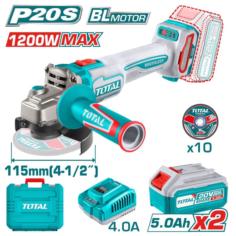 PULIDORA INALAMBRICA 4 1/2 INDUSTRIAL 20V 1200W INCLUYE 10 DISCOS PARA CORTE DE METAL 2 BATERIAS 5.0 AH Y CARGADOR , MOTOR SIN ESCOBILLAS INDUSTRIAL SUPER TOTAL (UTAGLI2211532)