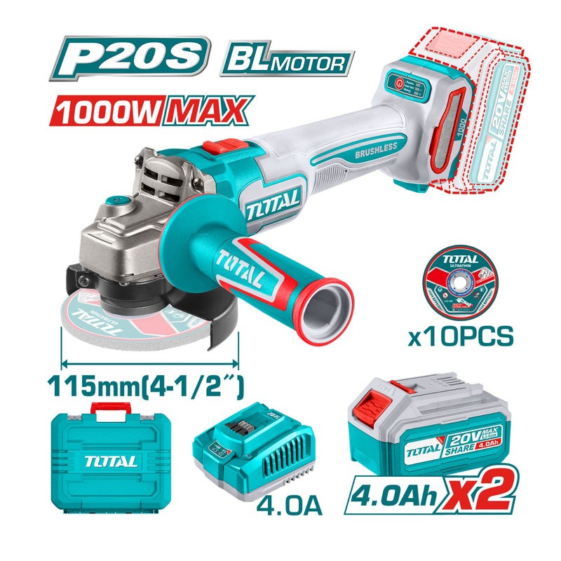 PULIDORA INALAMBRICA 4 1/2 INDUSTRIAL 20V 1000W INCLUYE 10 DISCOS PARA CORTE DE METAL 2  BATERIAS 4.0 AH Y CARGADOR , MOTOR SIN ESCOBILLAS  INDUSTRIAL SUPER TOTAL