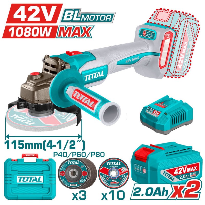 PULIDORA INALAMBRICA 4 1/2 INDUSTRIAL 42V 1080W INCLUYE DISCOS 2 BATERIAS 2.0 AH Y CARGADOR , MOTOR SIN ESCOBILLAS INDUSTRIAL SUPER TOTAL