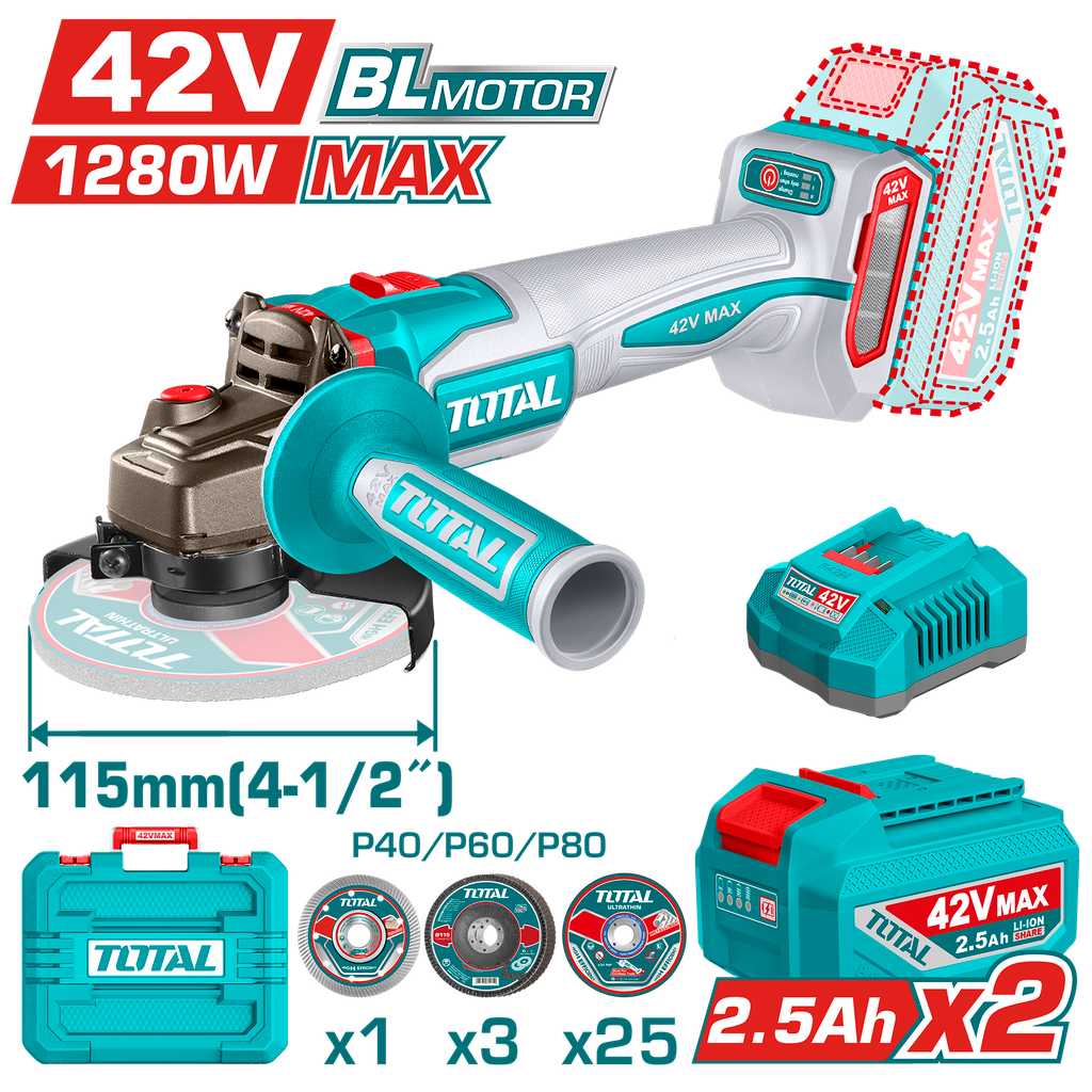 PULIDORA INALAMBRICA 4 1/2 INDUSTRIAL 42V 1280W INCLUYE DISCOS 2 BATERIAS 2.0 AH Y CARGADOR , MOTOR SIN ESCOBILLAS INDUSTRIAL SUPER TOTAL