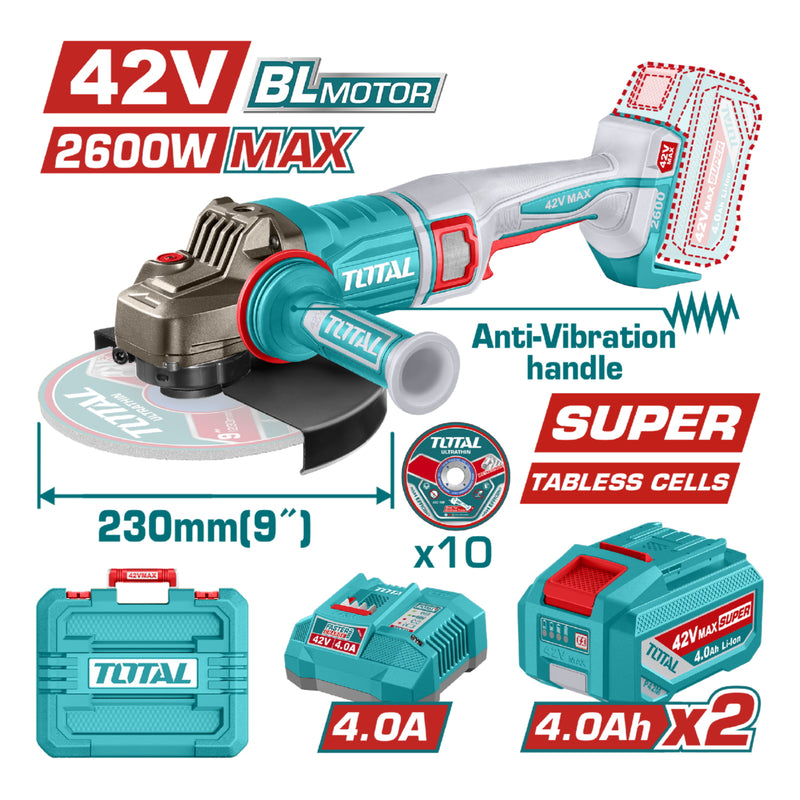 PULIDORA INALAMBRICA 9" INDUSTRIAL  42V 2600W INCLUYE  2 BATERIAS  4.0 AH, CARGADOR Y 10 DISCOS, MOTOR SIN ESCOBILLAS SUPER TABLESS CELLS (UTAGLI4260182)