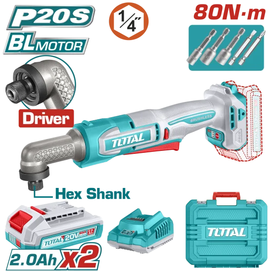 ATORNILLADOR DE IMPACTO DE ANGULO 1/4" 20V 80NM INCLUYE  2  BATERIAS 2.0AH Y CARGADOR INDUSTRIAL SUPER TOTAL (UTAIRLI208)