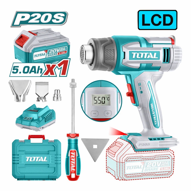 PISTOLA DE CALOR INALAMBRICA 20V 4 BOQUILLAS 1 BATERIA 5.0AH Y CARGADOR INDUSTRIAL (TOTAL)