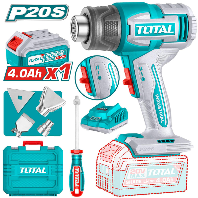 PISTOLA CALOR INALAMBRICA 20V CON TEMPERATURA AJUSTABLE INCLUYE 4 BOQUILLAS 1 BATERIA 4.0AH Y 1 CARGADOR INDUSTRIAL SUPER TOTAL (UTBLI20065)