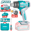 PISTOLA CALOR INALAMBRICA  20V CON TEMPERATURA AJUSTABLE 30-580°C  INCLUYE 4 BOQUILLAS 1 RASCADOR + 2  BATERIA  4.0AH  Y CARGADOR  INDUSTRIAL SUPER TOTAL (UTBLI20085)