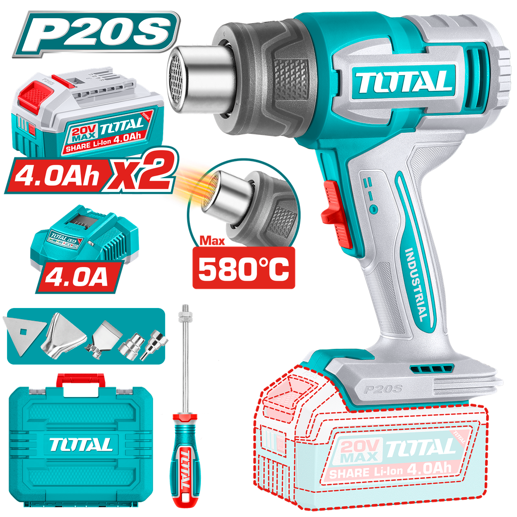 PISTOLA CALOR INALAMBRICA  20V CON TEMPERATURA AJUSTABLE 30-580°C  INCLUYE 4 BOQUILLAS 1 RASCADOR + 2  BATERIA  4.0AH  Y CARGADOR  INDUSTRIAL SUPER TOTAL (UTBLI20085)