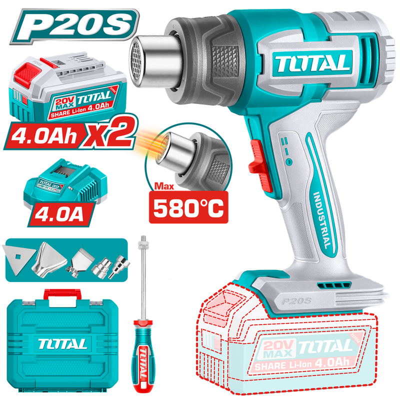 PISTOLA CALOR INALAMBRICA  20V CON TEMPERATURA AJUSTABLE 30-580°C  INCLUYE 4 BOQUILLAS 1 RASCADOR + 2  BATERIA  4.0AH  Y CARGADOR  INDUSTRIAL SUPER TOTAL (UTBLI20085)