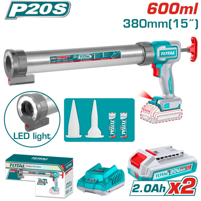 PISTOLA CALAFATEO 15'' INALAMBRICA 20V CON LUZ LED INCLUYE  2 BATERIAS 2.0AH  Y CARGADOR INDUSTRIAL TOTAL (UTCGLI20031)