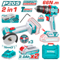 COMBO INALAMBRICO 20V X 2 PZS TALADRO PERCUTOR 1/2"  66 N.M + MINI PULIDORA 3" INCLUYE 2 BATERIAS  2.0 AH + CARGADOR  + 3 DISCOS Y 47 ACCESORIOS INDUSTRIAL SUPER TOTAL (UTCKLI20255)