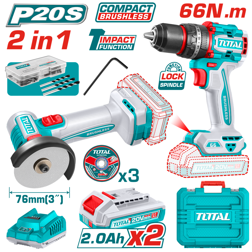 COMBO INALAMBRICO 20V X 2 PZS TALADRO PERCUTOR 1/2"  66 N.M + MINI PULIDORA 3" INCLUYE 2 BATERIAS  2.0 AH + CARGADOR  + 3 DISCOS Y 47 ACCESORIOS INDUSTRIAL SUPER TOTAL (UTCKLI20255)