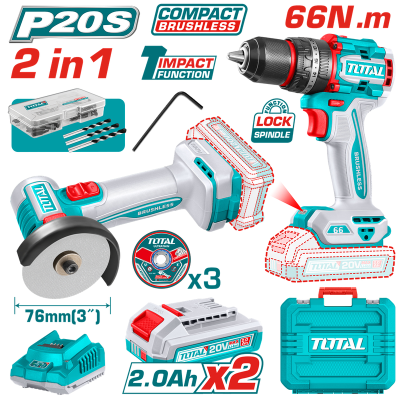 COMBO INALAMBRICO 20V X 2 PZS TALADRO PERCUTOR 1/2"  66 N.M + MINI PULIDORA 3" INCLUYE 2 BATERIAS  2.0 AH + CARGADOR  + 3 DISCOS Y 47 ACCESORIOS INDUSTRIAL SUPER TOTAL (UTCKLI20255)