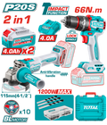 COMBO INALAMBRICO 20V PULIDORA  4 1/2 INDUSTRIAL 1000W + TALADRO PERCUTOR   1/2 66NM  + 2 BATERIAS 4.0AH + CARGADOR + ACCESORIOS CAJA PLASTICA INDUSTRIAL SUPER TOTAL (UTCKLI20256)
