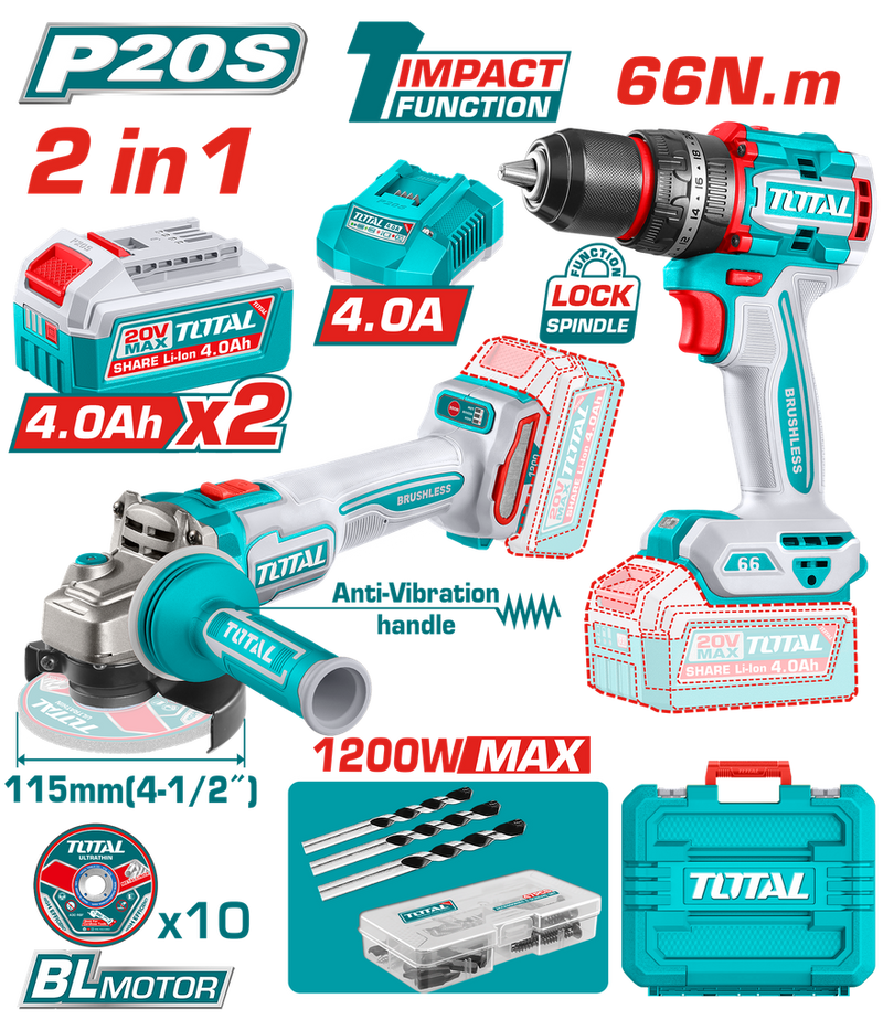 COMBO INALAMBRICO 20V PULIDORA  4 1/2 INDUSTRIAL 1000W + TALADRO PERCUTOR   1/2 66NM  + 2 BATERIAS 4.0AH + CARGADOR + ACCESORIOS CAJA PLASTICA INDUSTRIAL SUPER TOTAL (UTCKLI20256)