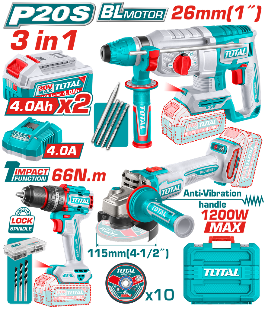 COMBO INALAMBRICO 20V  X 3 PZS TALADRO  INALAMBRICO PERCUTOR 1/2 66 NM +  PULIDORA INALAMBRICA 4 1/2 1200W + TALADRO ROTOMARTILLO  1 "  SDS PLUS  2.5 JULES  INLCUYE 2 BATERIAS 4.0AH , 1 CARGADOR , 10 DISCOS DE CORTE  Y ACCESORIOS (UTCKLI202598)