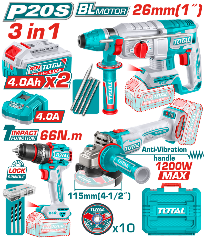 COMBO INALAMBRICO 20V  X 3 PZS TALADRO  INALAMBRICO PERCUTOR 1/2 66 NM +  PULIDORA INALAMBRICA 4 1/2 1200W + TALADRO ROTOMARTILLO  1 "  SDS PLUS  2.5 JULES  INLCUYE 2 BATERIAS 4.0AH , 1 CARGADOR , 10 DISCOS DE CORTE  Y ACCESORIOS (UTCKLI202598)