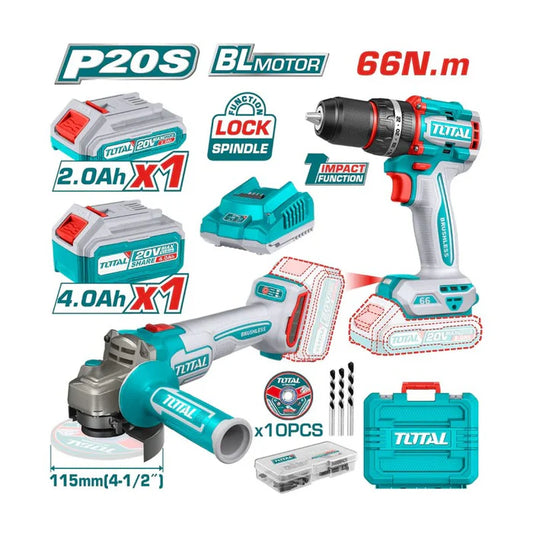 COMBO PULIDORA 20V 4-1/2" + TALADRO PERCUT 1/2" + 1 BAT 20V 2AH + 1 BAT 20V 4AH  + CARGADOR + 10 DISCOS