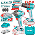COMBO 20V TALADRO 1/2" 66NM + LLAVE DE IMPACTO 1/2" 400NM + 2 BAT. 2.0AH, CARGADOR Y ACCESORIOS