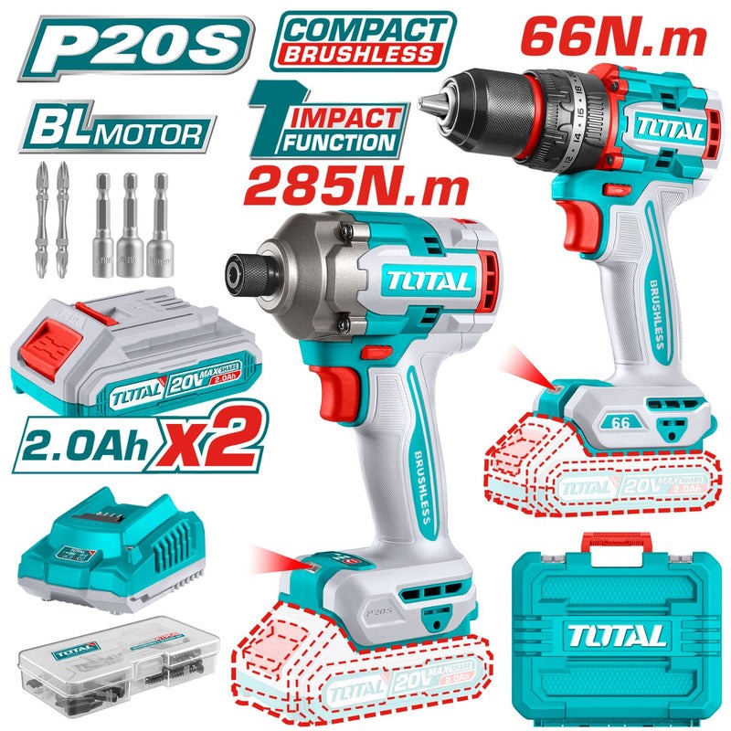 COMBO 20V TALADRO 1/2" 66NM + ATORNILLADOR IMPACTO 1/4" 285NM + 2 BAT. 2.0AH, CARGADOR Y ACCESORIOS