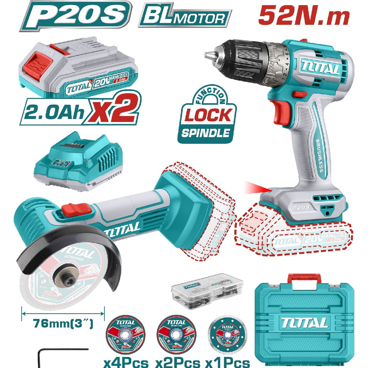 COMBO INALAMBRICO TALADRO 1/32 3/8" 20V 52N.M + MINI PULIDORA 3" 2 BATERIAS CARGADOR DISCOS